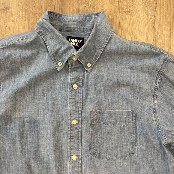 Lands’ End Men’s Blue Chambray Button Down Shirt Medium Traditional Fit 100% Cot - Picture 3 of 8
